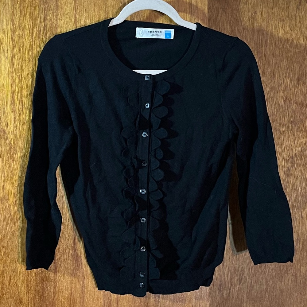 SPARROW Black Cardigan Sweater with Scallop Detailing Down Front Sz S